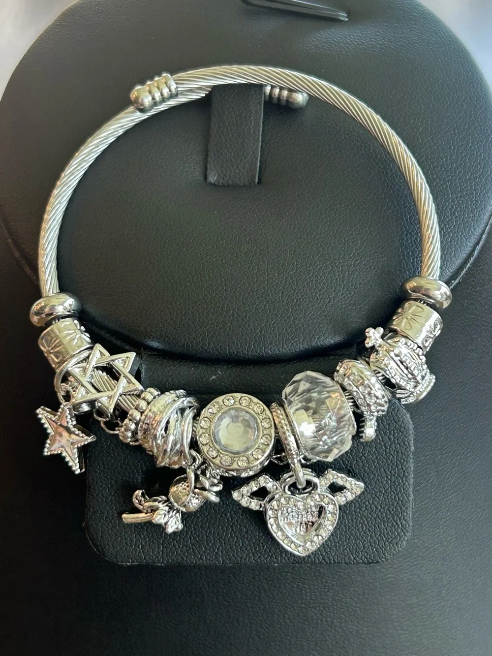 Brand New  Silver-Tone Charm Bangle Bracelet with Crystal and Heart Charms